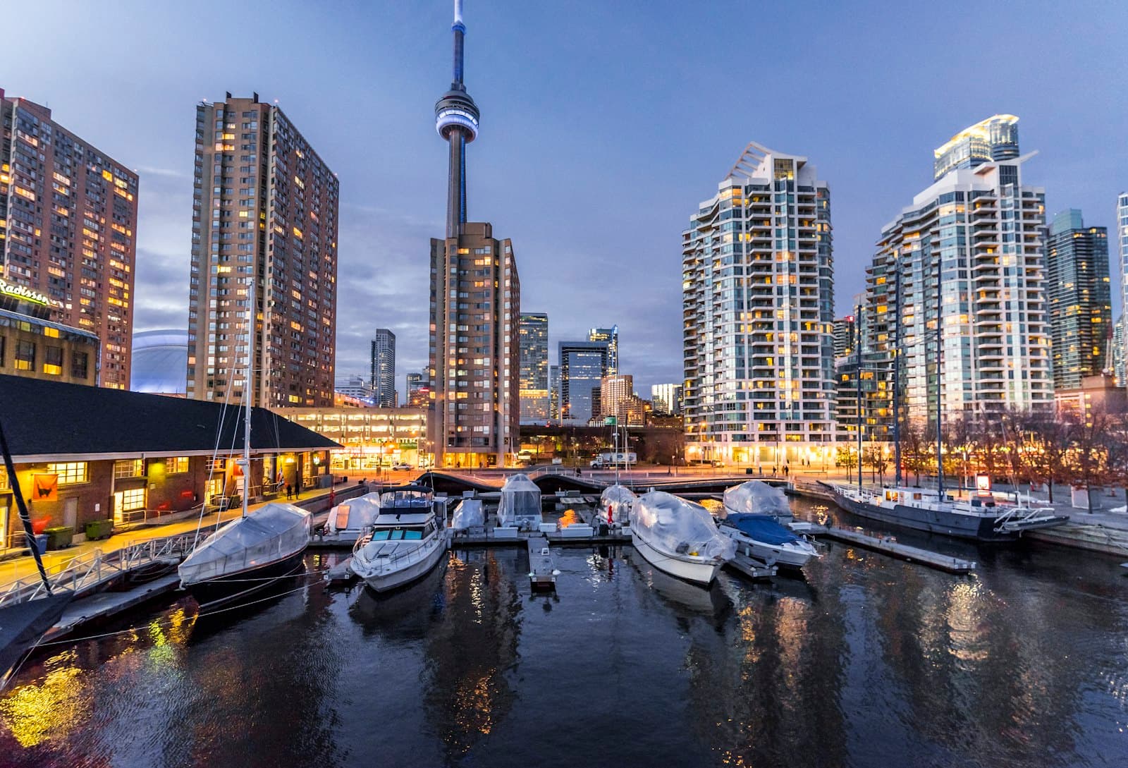 Toronto's waterfront and CN Tower lit up in the evening