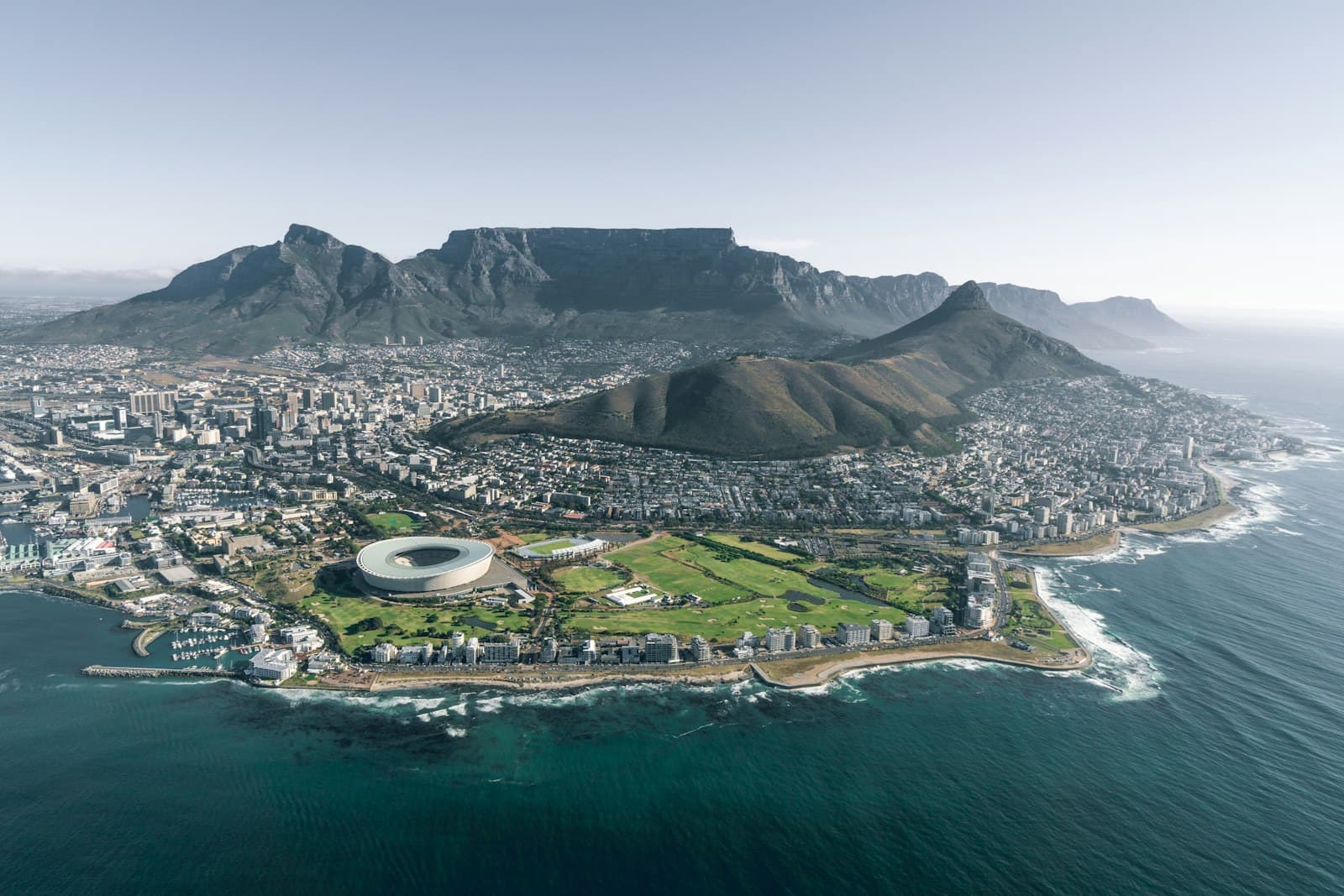 Aerial view of Cape Town with Table Mountain and the Atlantic coastline