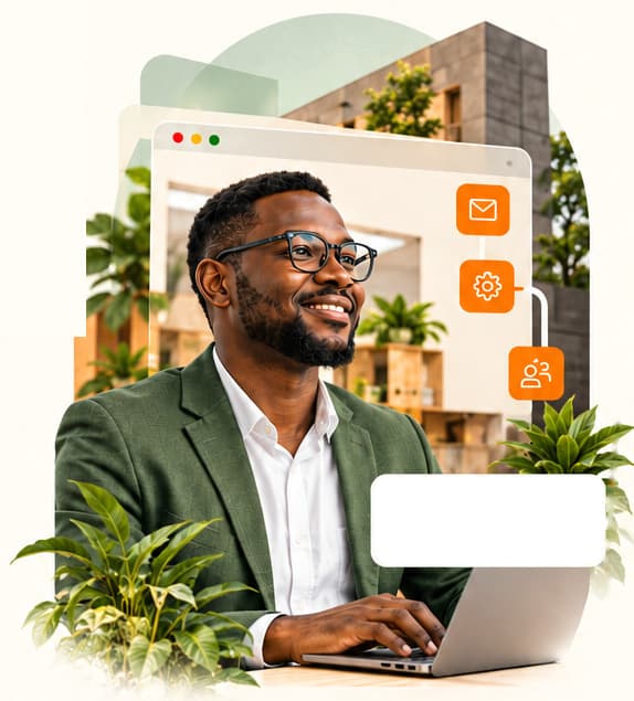 A smiling business owner working on a laptop, surrounded by connected workflow icons.